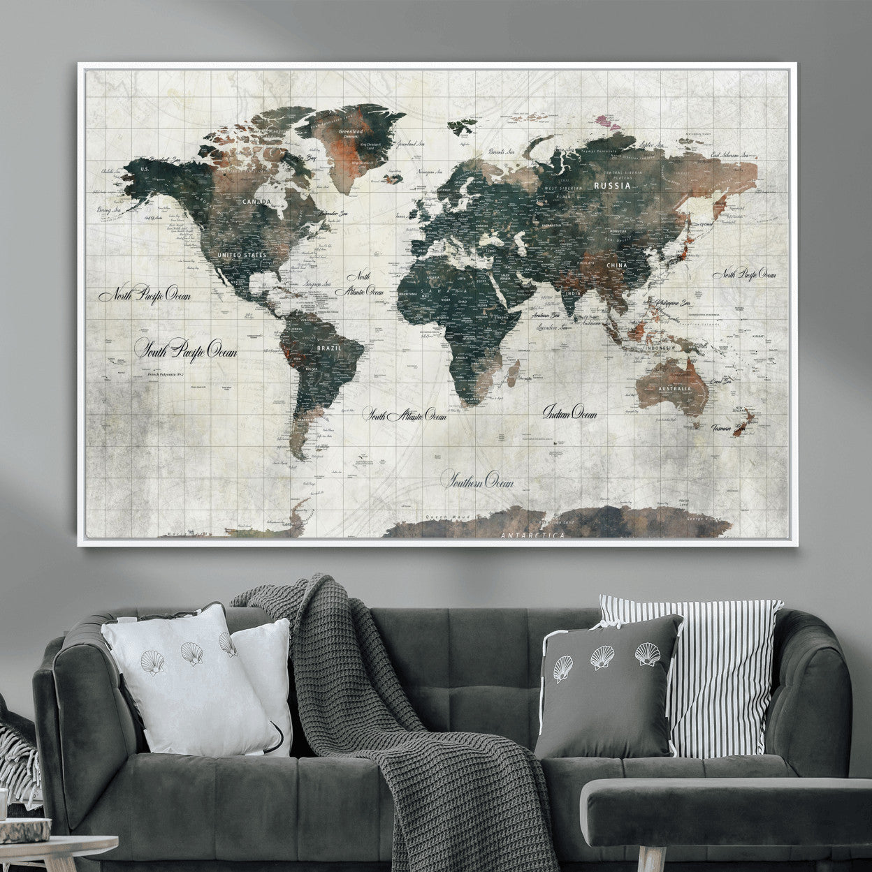 90149079-MGV-FC-36X24 - World Map Wall Art Canvas Print, Modern Decorative Framed Map Artwork Prints for Living Room, Office, Bedroom Wall Decor