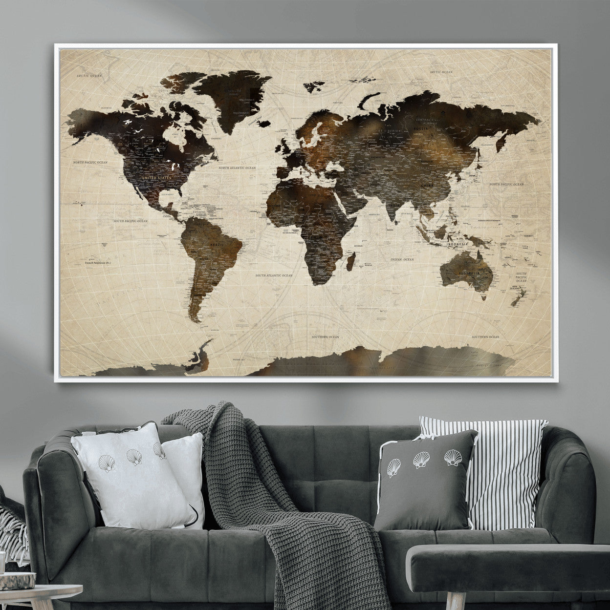81771296-MGV-FC-36X24 - World Map Wall Art Canvas Print, Modern Decorative Framed Map Artwork Prints for Living Room, Office, Bedroom Wall Decor