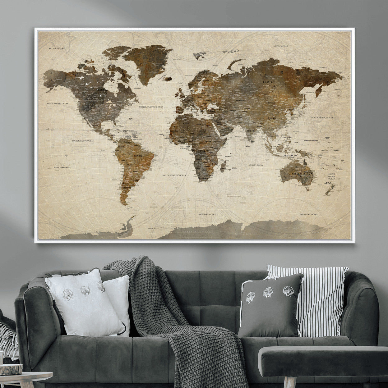 91849163-MGV-FC-36X24 - World Map Wall Art Canvas Print, Modern Decorative Framed Map Artwork Prints for Living Room, Office, Bedroom Wall Decor