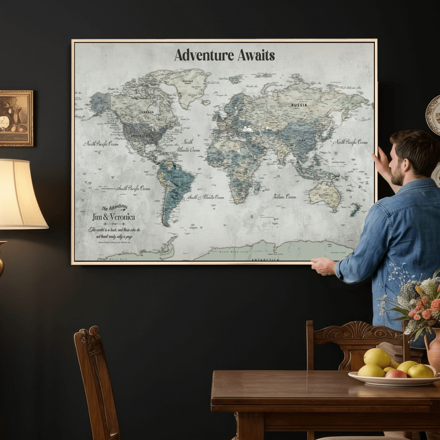 99034689-MGV-FC-36X24 - Customized Push Pin World Map Wall Art Canvas Print with Pins, Framed Personalize Travel Tracker Map, World Map for Living Room and Office Decor