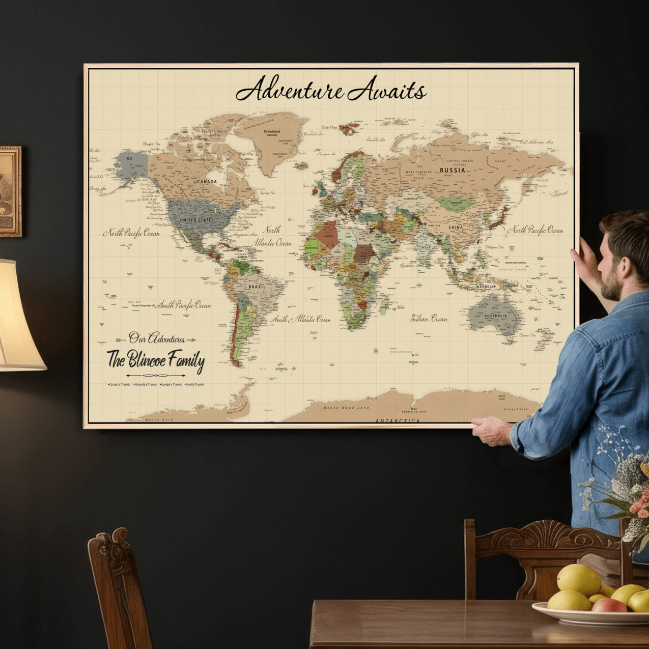 63407426-MGV-FC-36X24 - Customized Push Pin World Map Wall Art Canvas Print with Pins, Framed Personalize Travel Tracker Map, World Map for Living Room and Office Decor