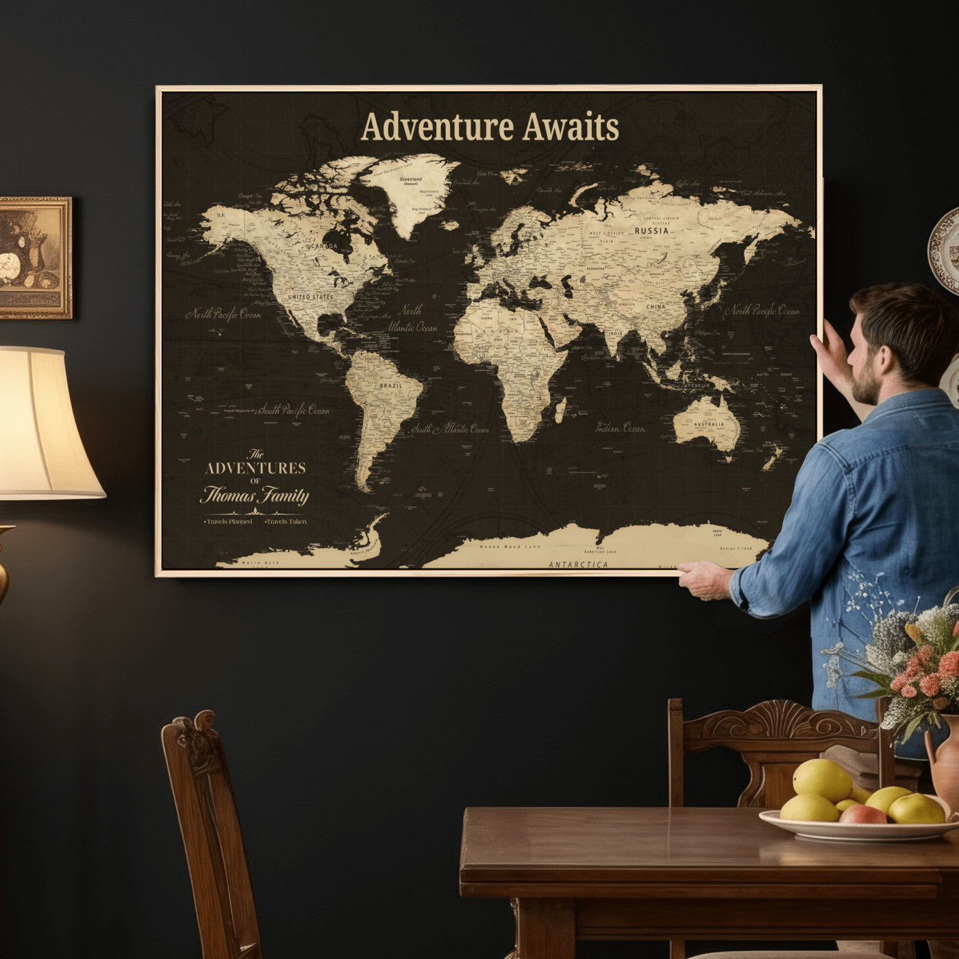 67940426-MGV-FC-36X24 - Customized Push Pin World Map Wall Art Canvas Print with Pins, Framed Personalize Travel Tracker Map, World Map for Living Room and Office Decor