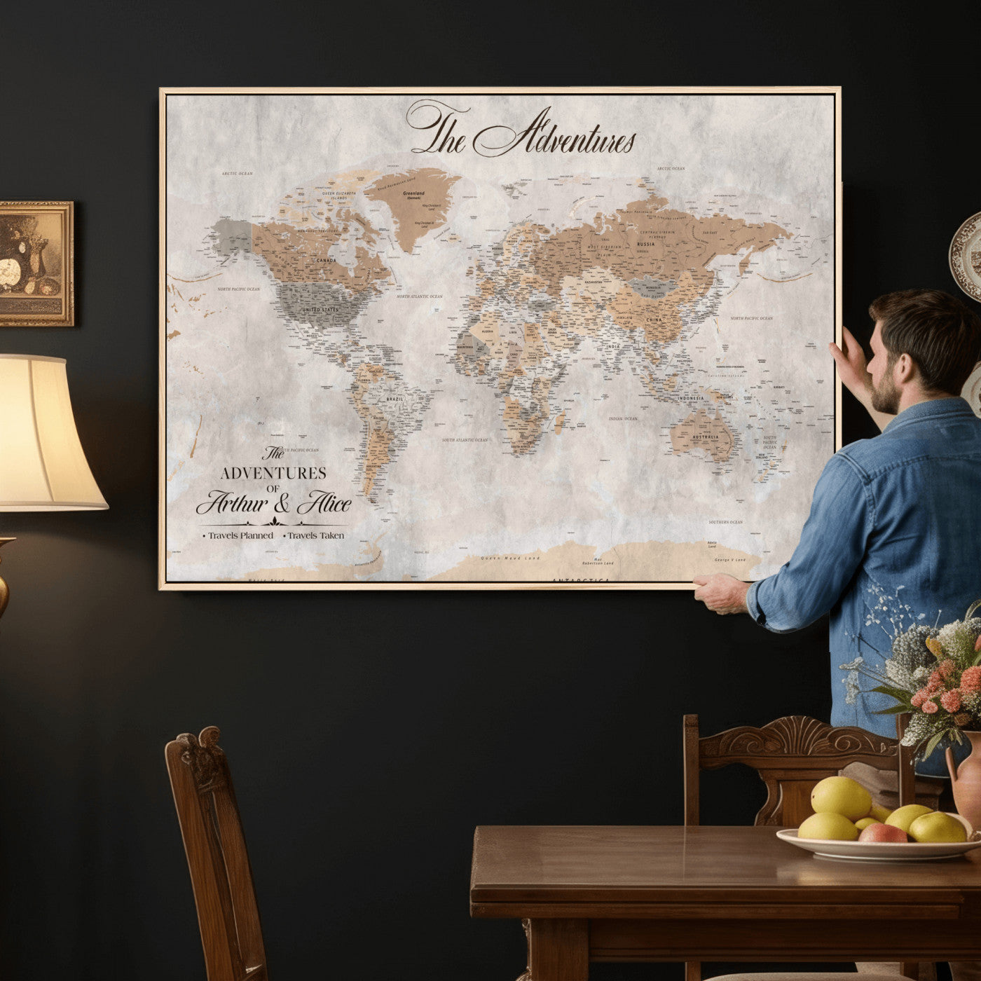 85771580-MGV-FC-36X24 - Custom Push Pin World Map Wall Art Canvas Print with Pins, Framed Personalize Travel Tracker Map, World Map for Living Room and Office Decor