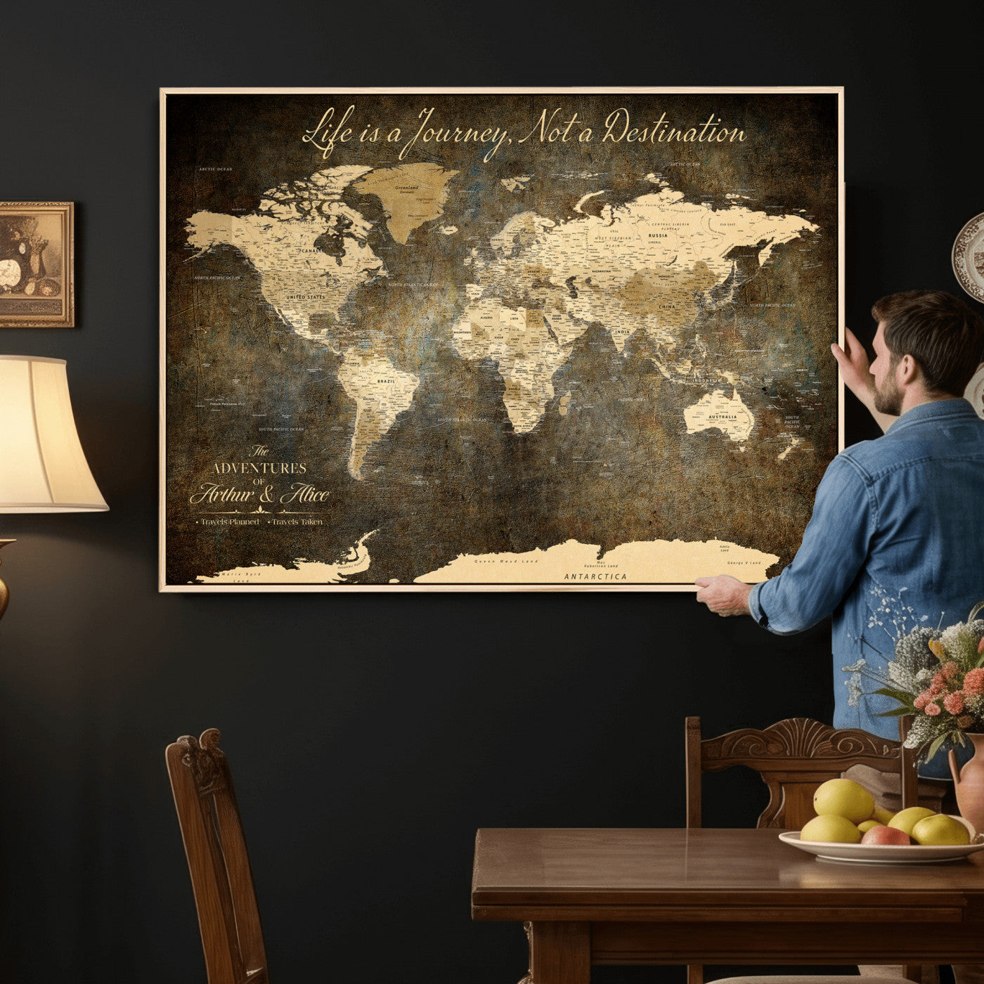 75877068-MGV-CV-36X24 - Custom Push Pin World Map Wall Art Canvas Print – Personalized Travel Tracker with Pins Framed Large for Home and Office Decor