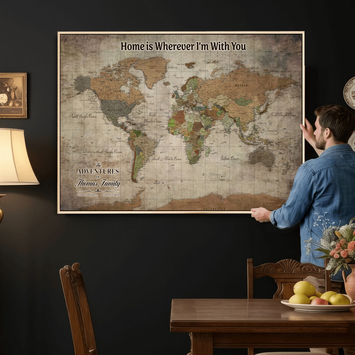 22593671-MGV-CV-36X24 - Personalized Beige Geometric World Map Canvas with Push Pins, Next Trip Planner Map, Study and Entryway Decor