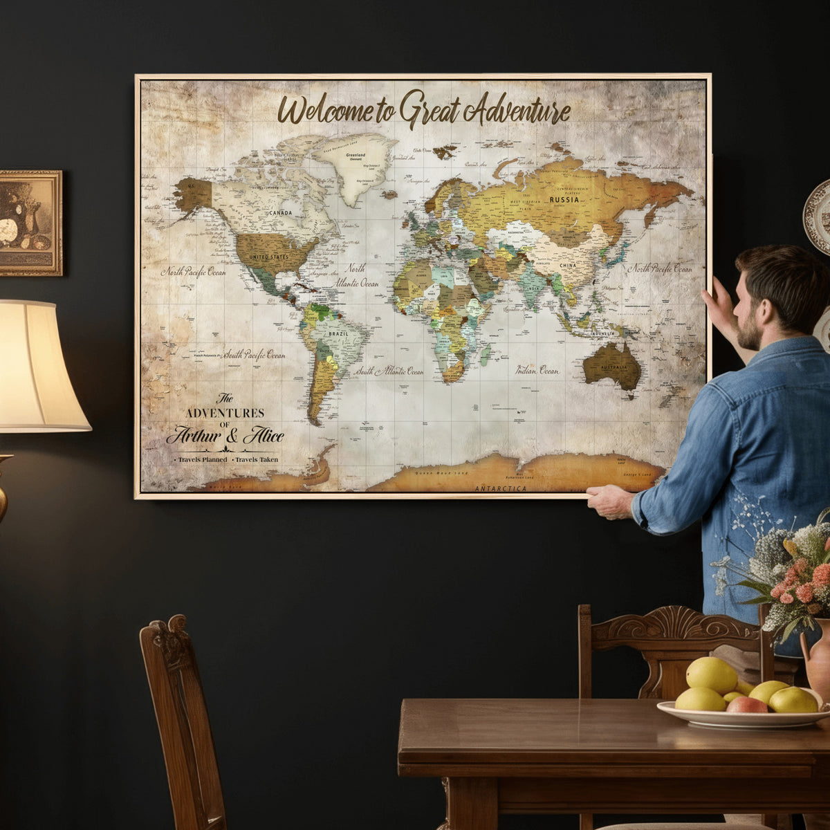 33043195-MGV-CV-36X24 - Personalized Beige World Travel Map Wall Art with Pins, Family Travel Tracker, Family Room and Study Decor