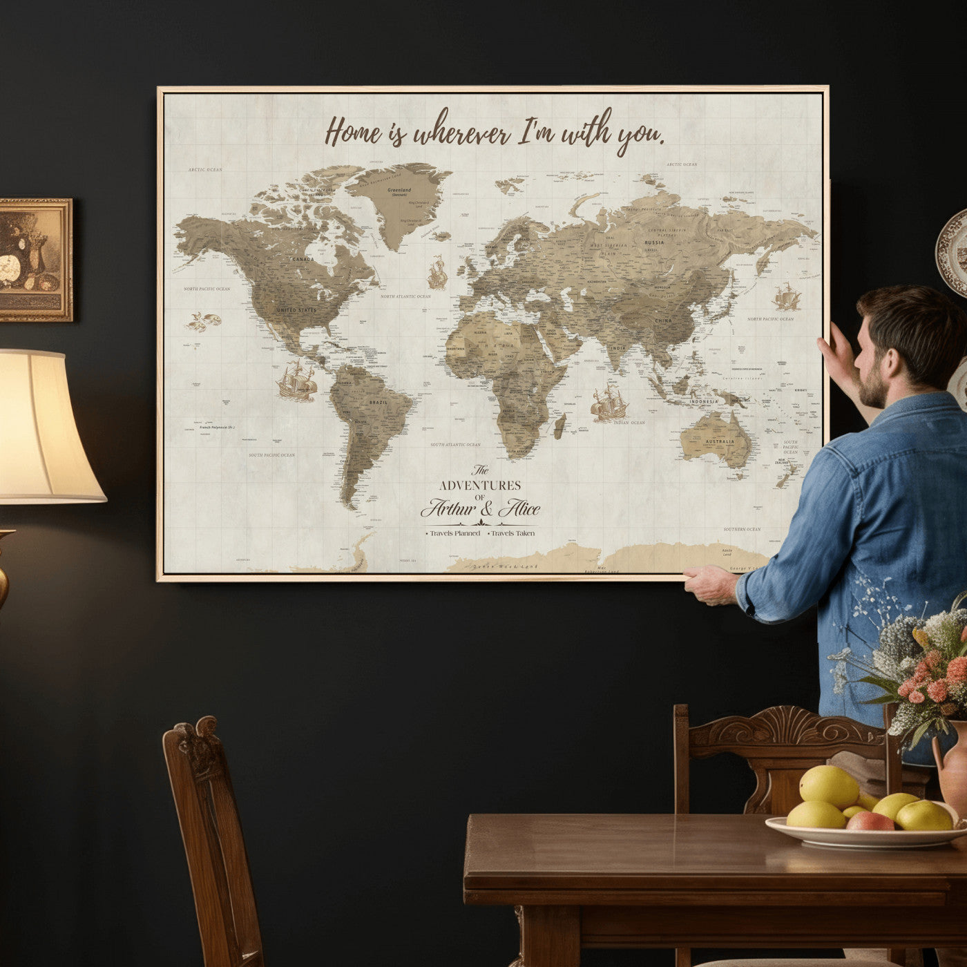 61351027-MGV-CV-36X24 - Custom Push Pin World Map Wall Art Canvas Print – Personalized Travel Tracker with Pins Framed Large for Home and Office Decor
