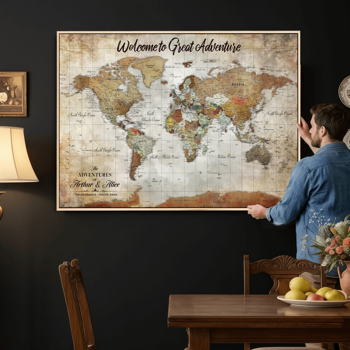 22906161-MGV-CV-36X24 - Personalized Beige Push Pin World Map Wall Art, Bucket List Map, Living Room and Family Room Decor
