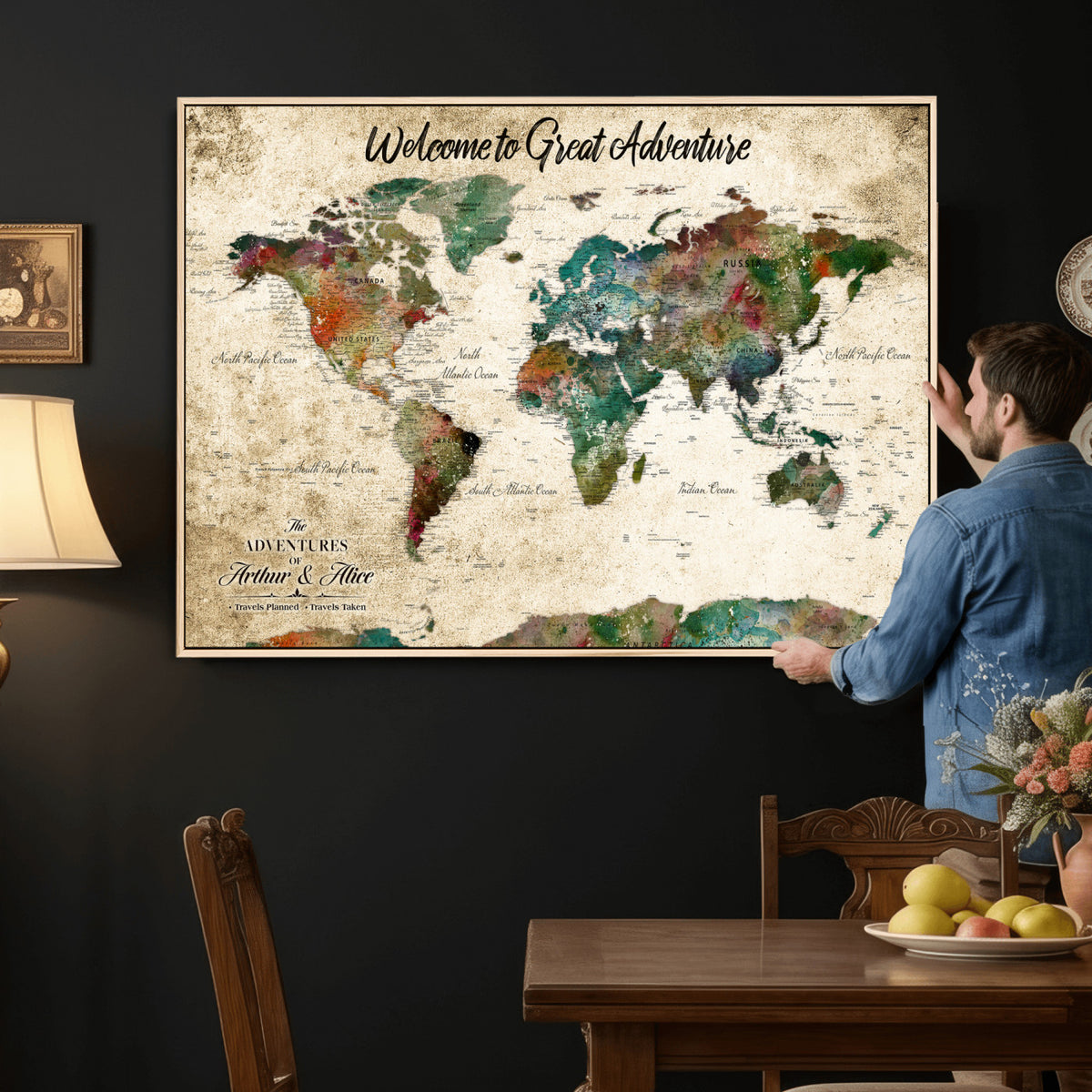 89225601-MGV-CV-36X24 - Personalized Beige Grunge World Map Canvas with Push Pins, Next Trip Planner Map, Family Room and Home Office Decor