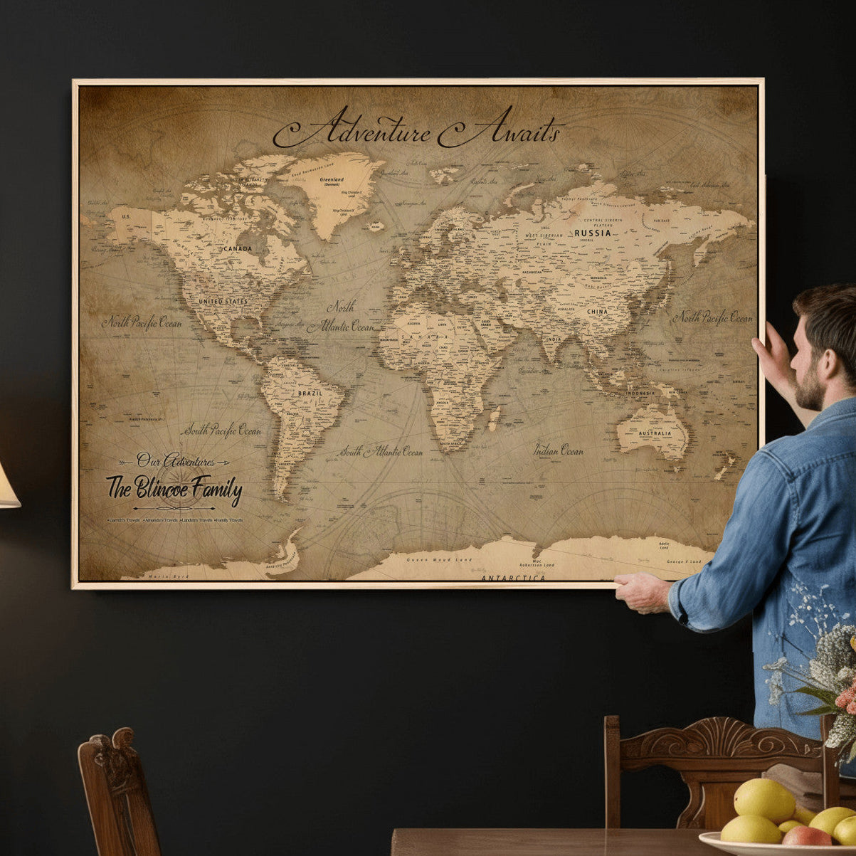 59418012-MGV-CV-36X24 - Custom Push Pin World Map Wall Art Canvas Print – Personalized Travel Tracker with Pins Framed Large for Home and Office Decor