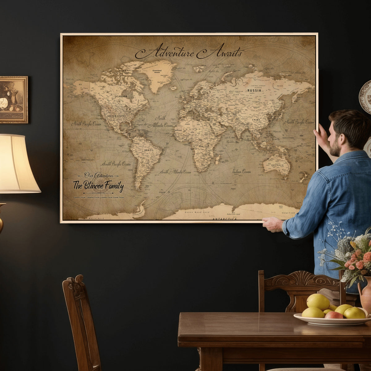 59418012-MGV-CV-36X24 - Personalized Framed Beige World Travel Map Wall Art with Pins, Family Travel Tracker, Family Room and Entryway Decor