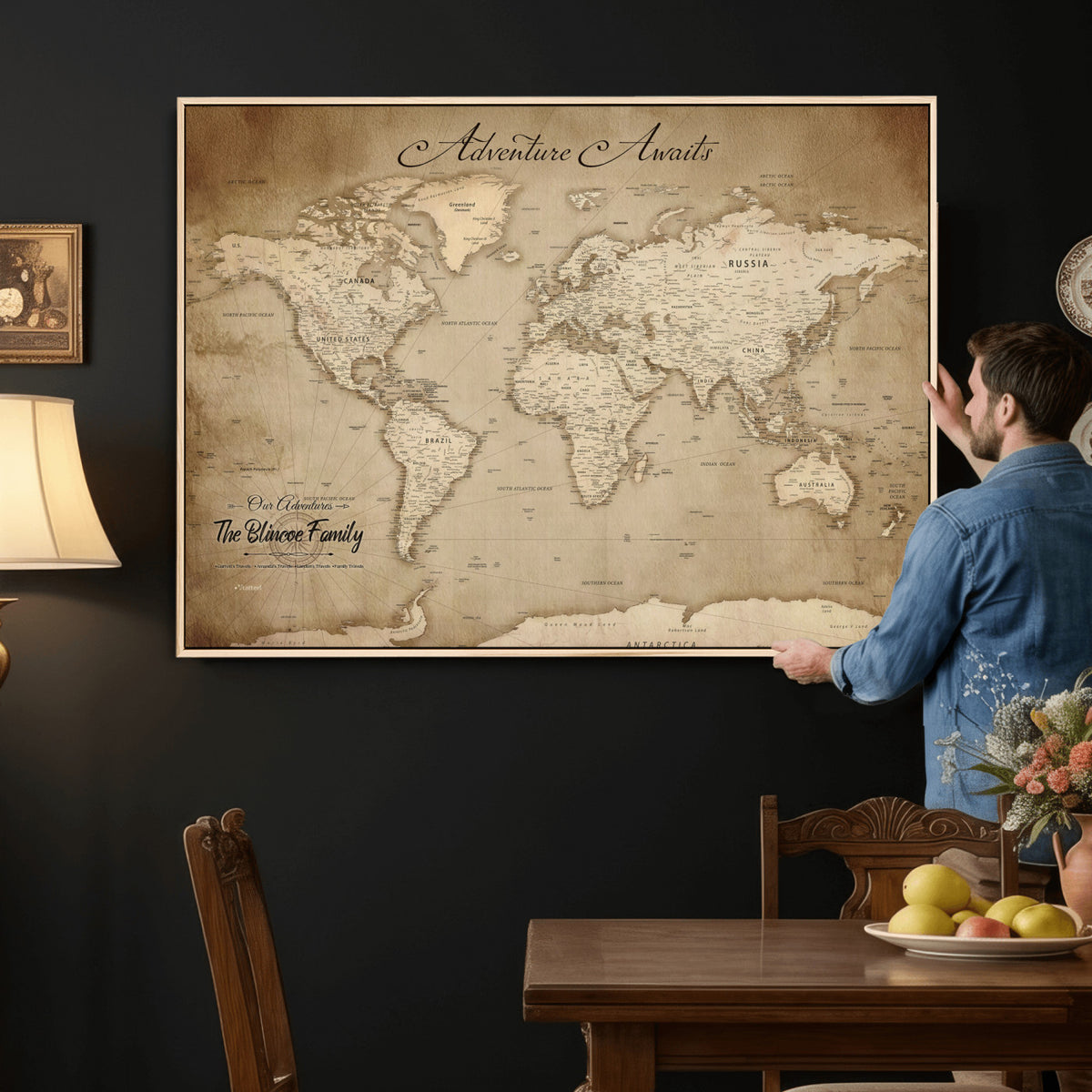 59757370-MGV-CV-36X24 - Personalized Black Modern Push Pin World Map Wall Art, Places Visited Tracker, Family Room and Bedroom Decor