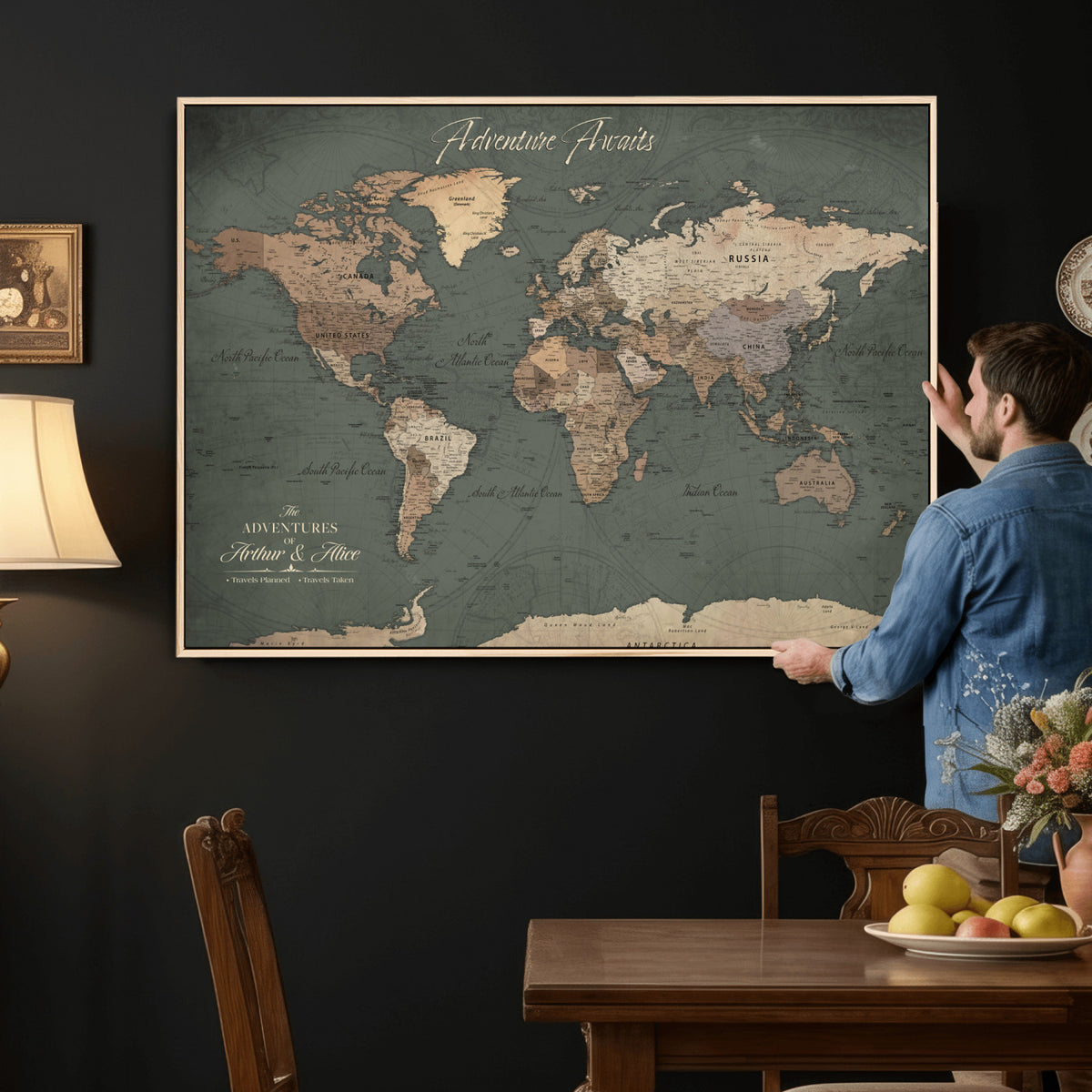 24734446-MGV-CV-36X24 - Personalized Framed Beige Modern World Map Canvas with Push Pins, Bucket List Map, Family Room and Dining Room Decor