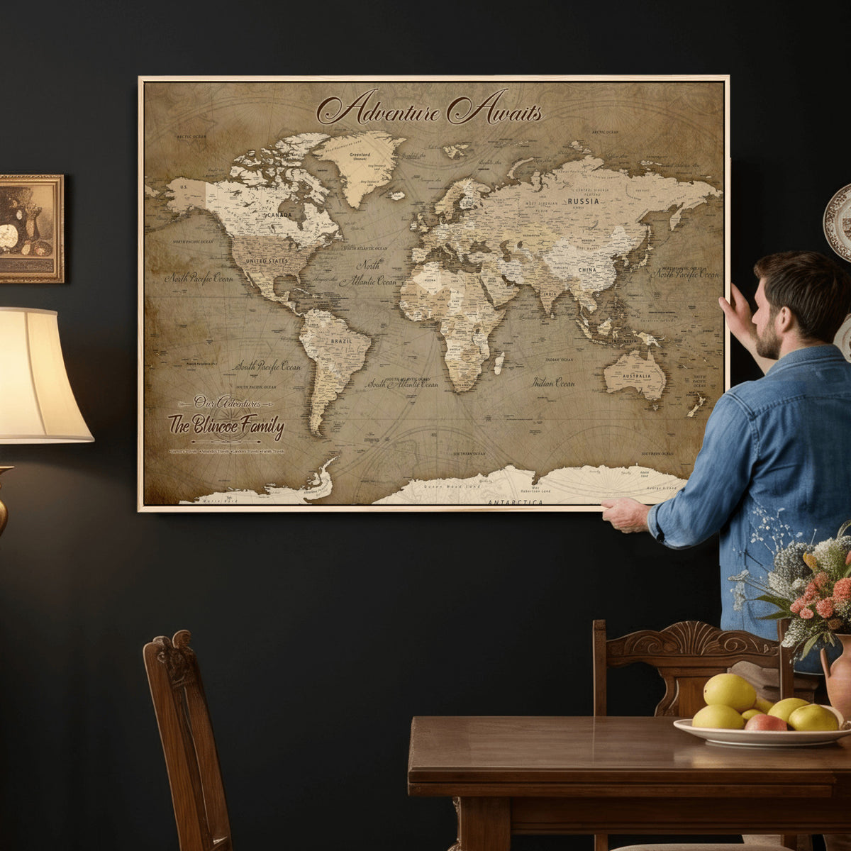 96775856-MGV-CV-36X24 - Custom Beige Modern Push Pin World Map Canvas Print, Family Travel Tracker, Dining Room and Home Office Decor