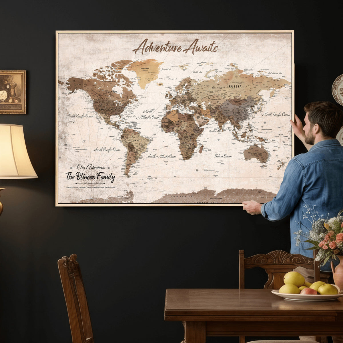 70887266-MGV-CV-36X24 - Custom Push Pin World Map Wall Art Canvas Print | Personalized Travel Tracker