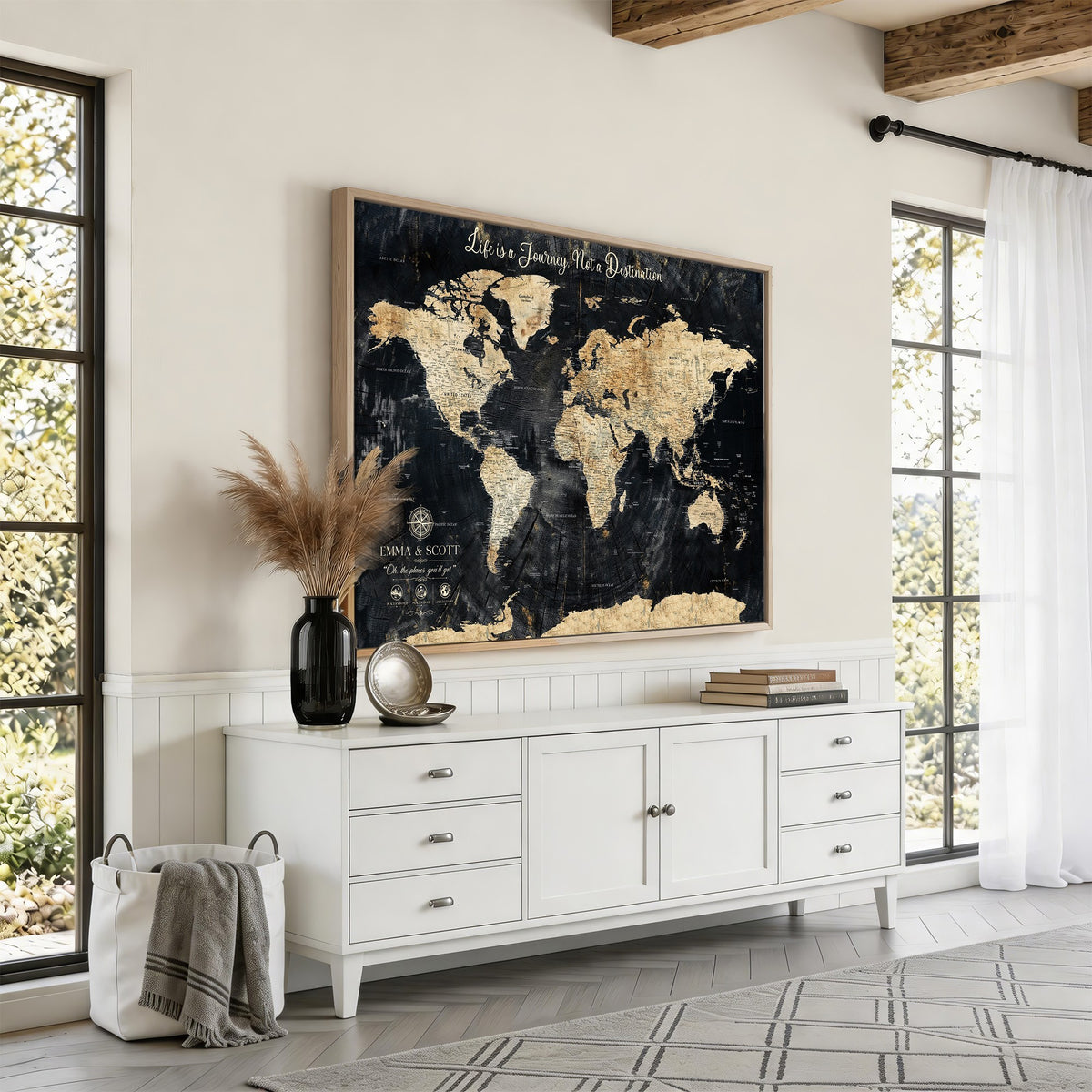 77472096-MGV-CV-36X24 - Custom Black Modern Push Pin World Map Wall Art, Next Trip Planner Map, Home Office and Entryway Decor