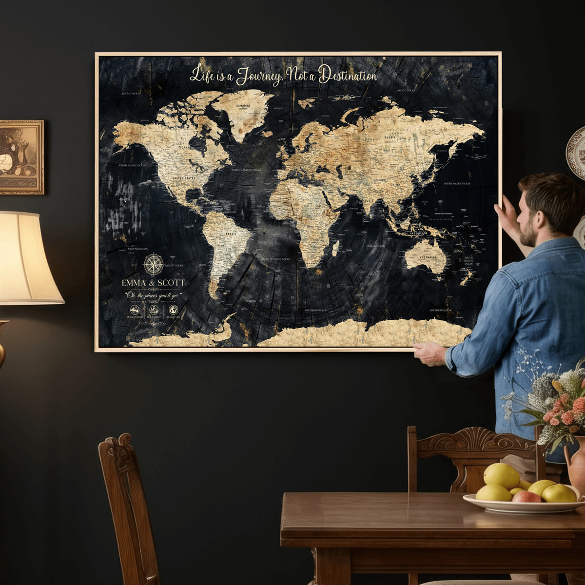 NEWMAP-13-MGV-CV-36X24 - Personalized Framed Navy Modern Push Pin World Map Canvas Print, Couples Countries Visited Map, Family Room and Study Decor