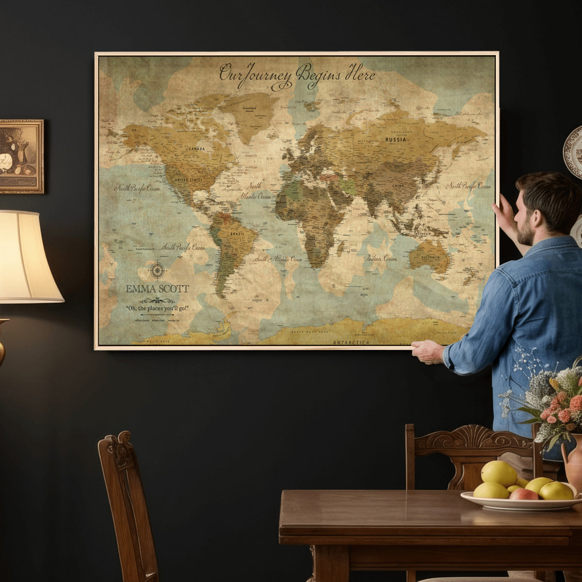 66550749-MGV-CV-36X24 - Custom Push Pin World Map Wall Art Canvas Print | Personalized Travel Tracker with Pins Framed Large for Home and Office Decor