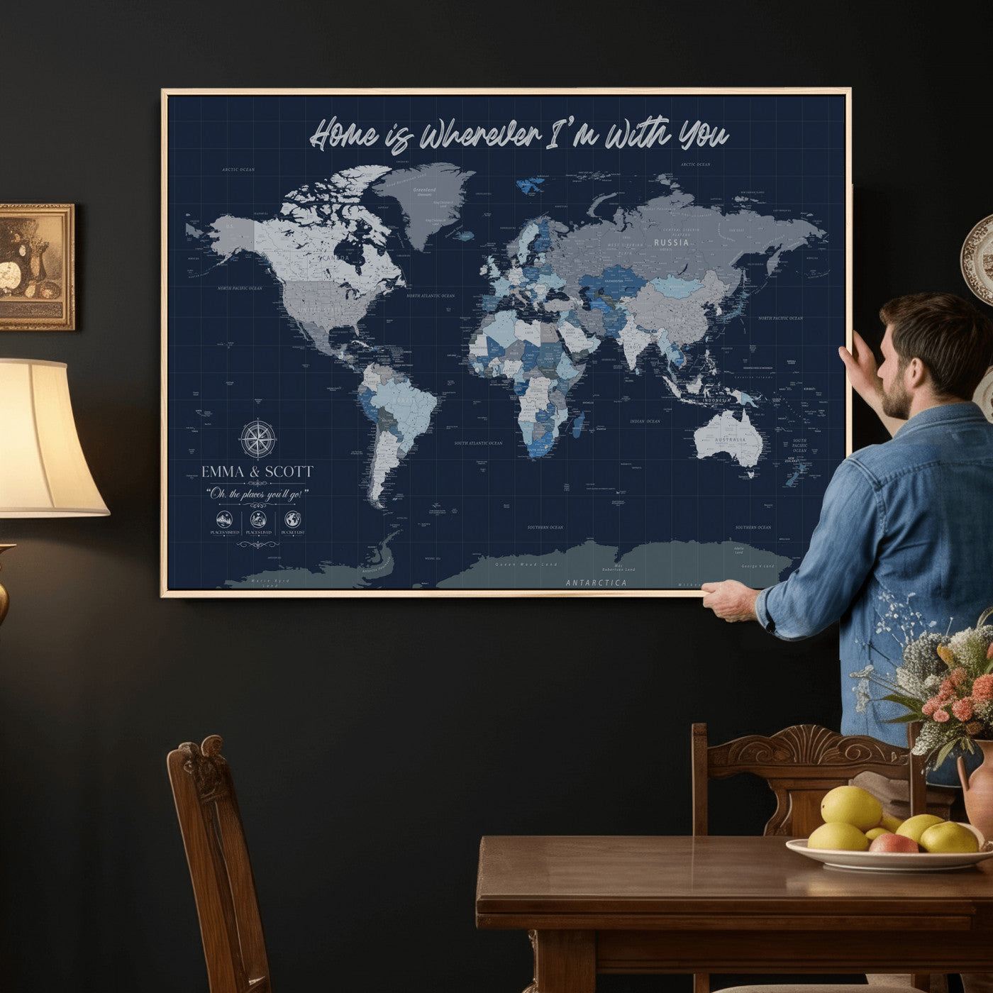 NEWMAP-18-MGV-CV-36X24 - Custom Push Pin World Map Wall Art Canvas Print – Personalized Travel Tracker with Pins Framed Large Print - NEWMAP-18