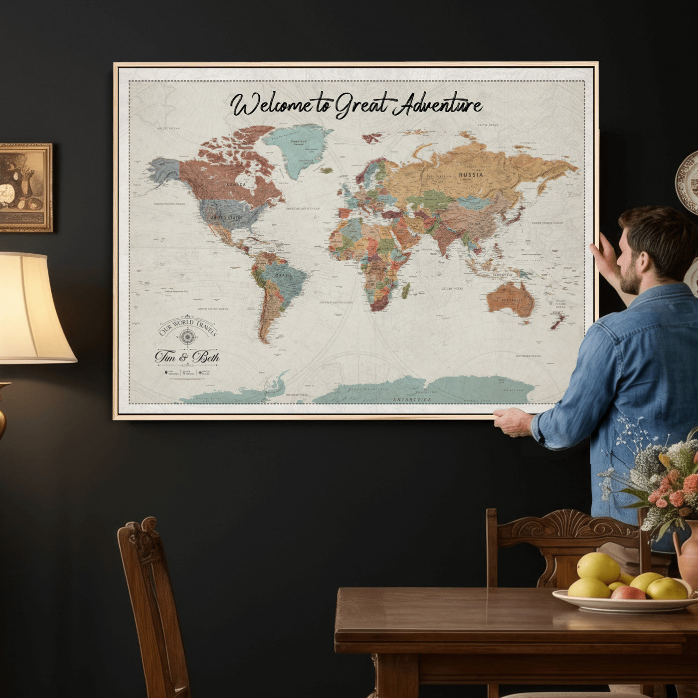 32470528-MGV-CV-36X24 - Custom Push Pin World Map Wall Art Canvas Print – Personalized Travel Tracker with Pins Framed Large for Home and Office Decor