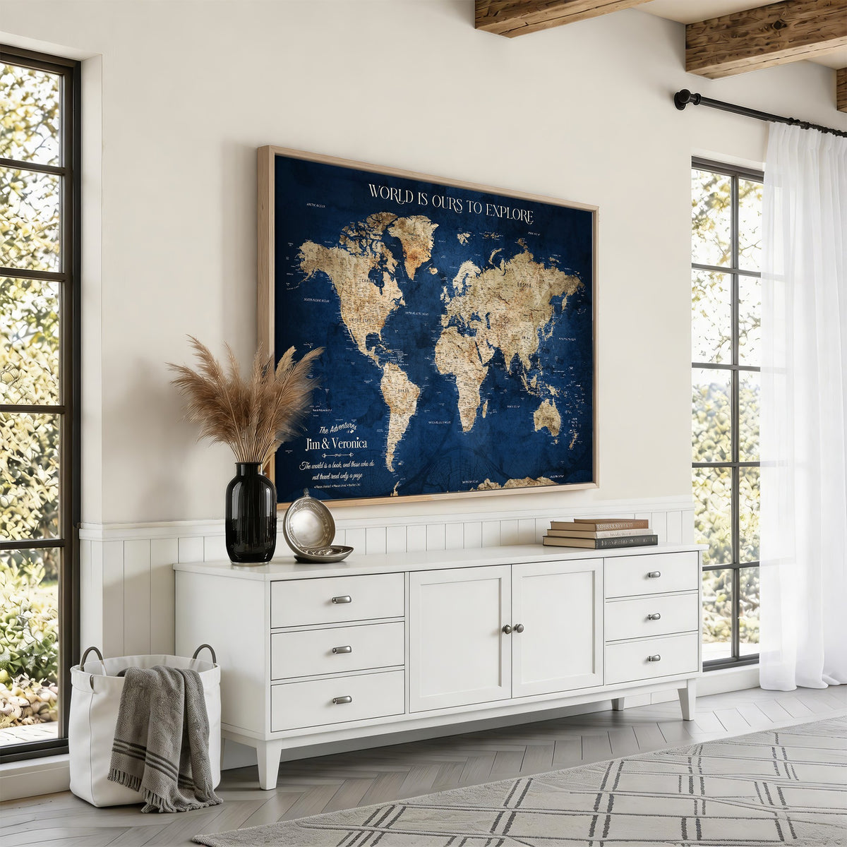 35296308-MGV-CV-36X24 - Custom Navy World Map Canvas with Push Pins, Family Travel Tracker, Living Room and Family Room Decor