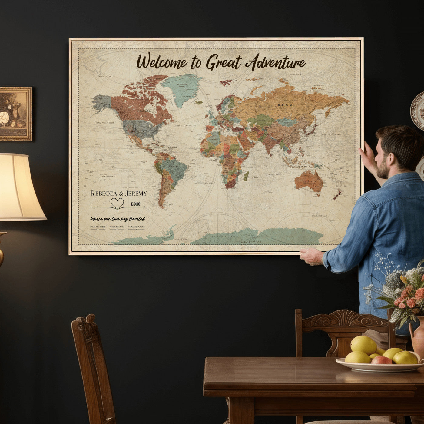 44361524-MGV-CV-36X24 - Custom Push Pin World Map Wall Art Canvas Print – Personalized Travel Tracker with Pins Framed Large for Home and Office Decor