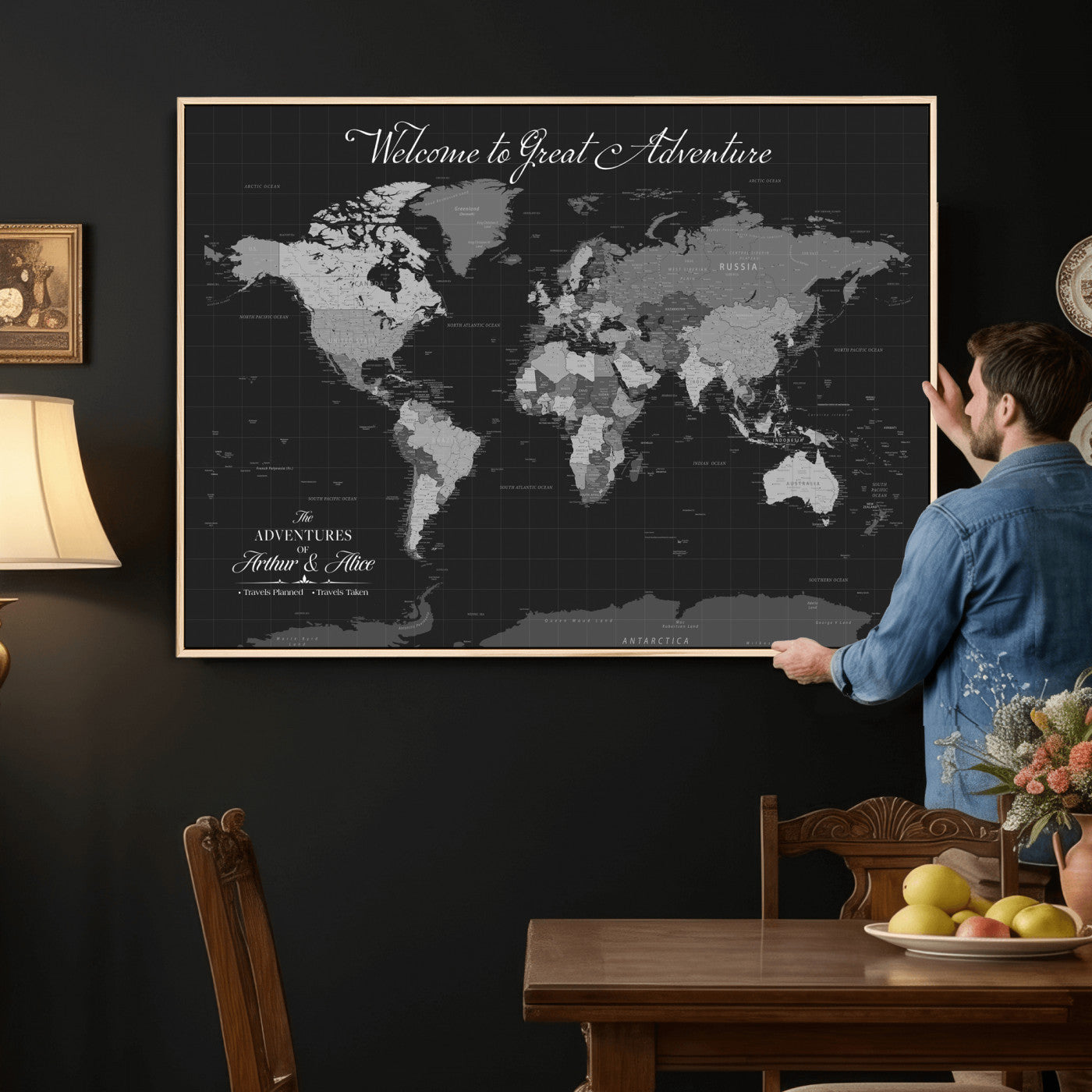 57127599-MGV-CV-36X24 - Custom Push Pin World Map Wall Art Canvas Print – Personalized Travel Tracker with Pins Framed Large for Home and Office Decor