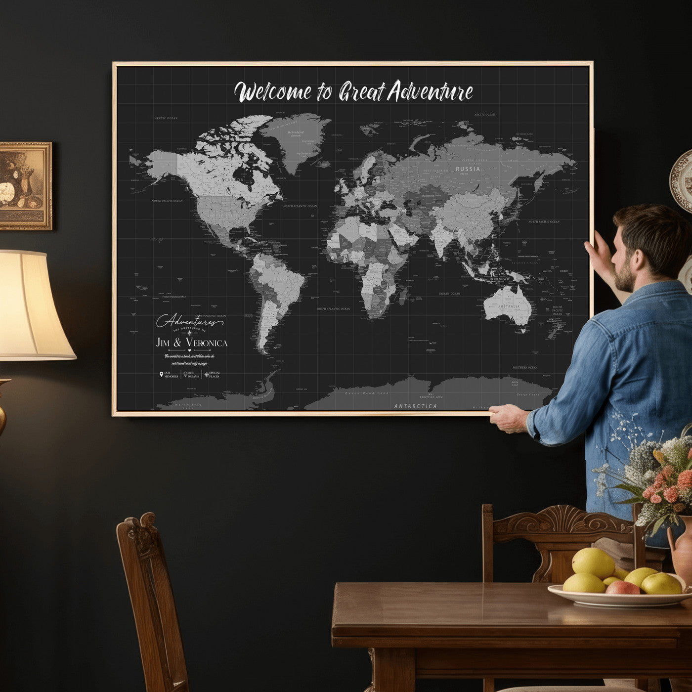 57127599-MGV-CV-36X24 - Custom Push Pin World Map Wall Art Canvas Print – Personalized Travel Tracker with Pins Framed Large for Home and Office Decor