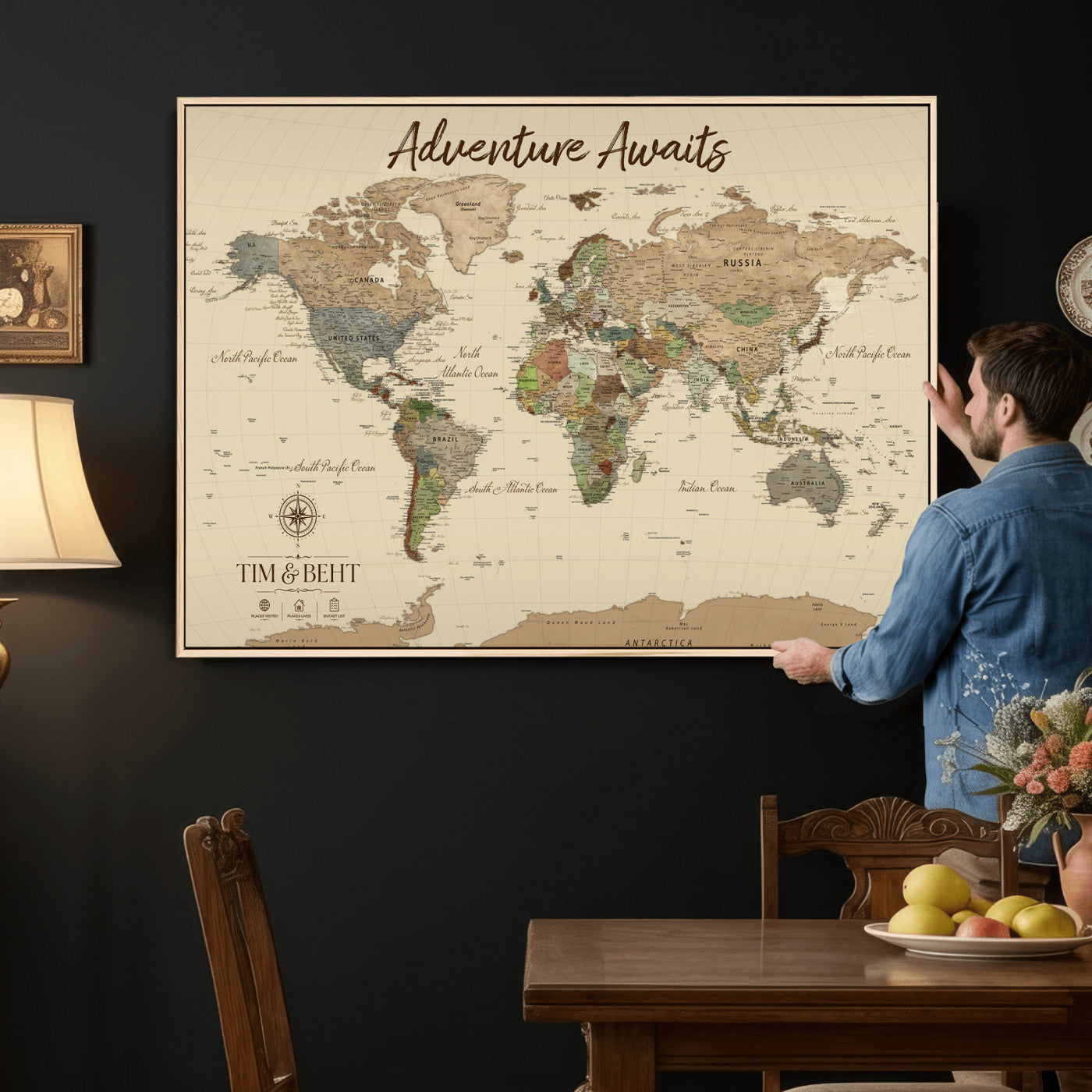 72027187-MGV-CV-36X24 - Custom Push Pin World Map Wall Art Canvas Print – Personalized Travel Tracker with Pins Map Print - NEWMAP-23
