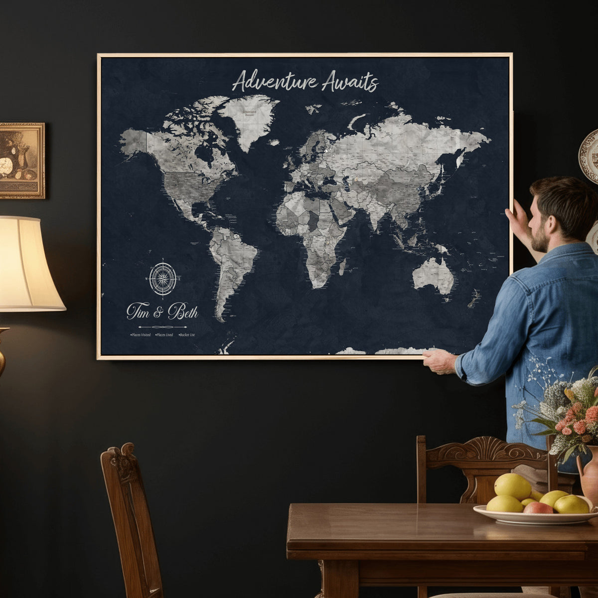 32031089-MGV-CV-36X24 - Custom Push Pin World Map Wall Art Canvas Print | Personalized Travel Tracker with Pins Framed Large for Home and Office Decor