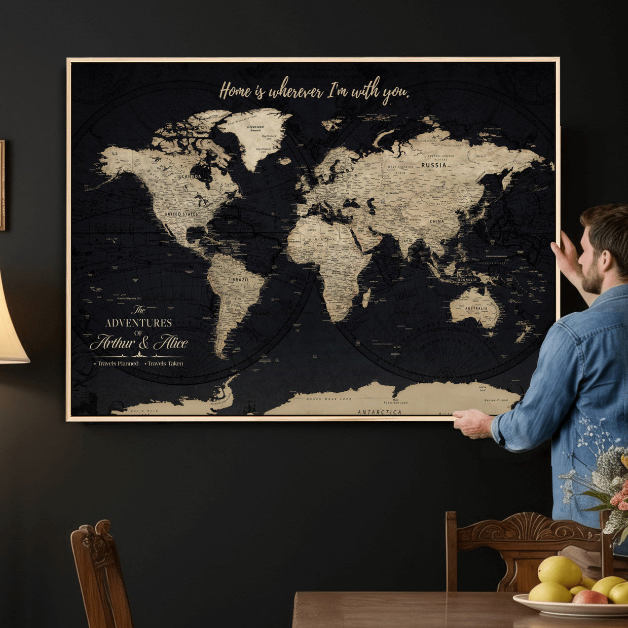 31416046-MGV-CV-36X24 - Custom Push Pin World Map Wall Art Canvas Print – Personalized Travel Tracker with Pins Framed Large for Home and Office Decor