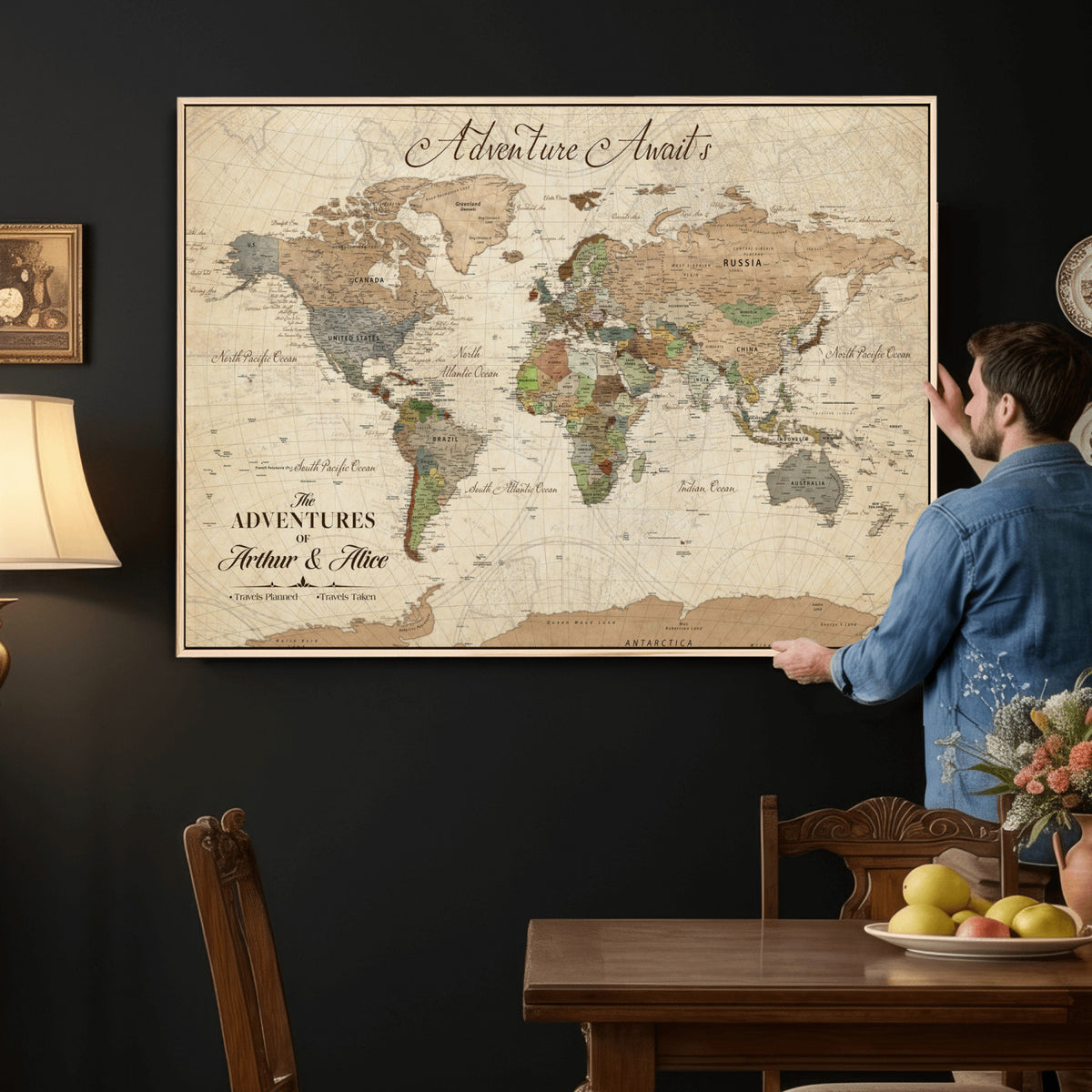 18308111-MGV-CV-36X24 - Custom Push Pin World Map Wall Art Canvas Print | Personalized Travel Tracker with Pins Framed Large for Home and Office Decor