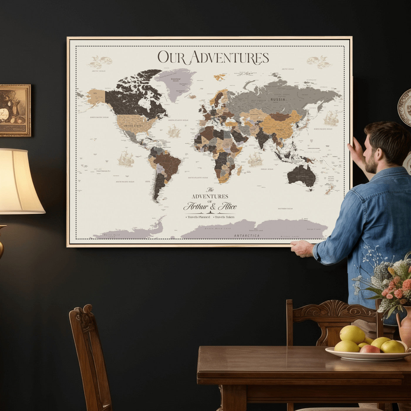66301646-MGV-CV-36X24 - Custom Push Pin World Map Wall Art Canvas Print – Personalized Travel Tracker with Pins Framed Large for Home and Office Decor