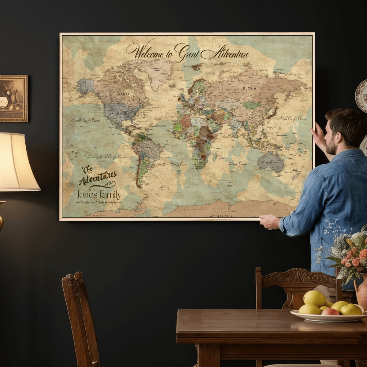 38092909-MGV-CV-36X24 - Personalized Framed Navy Vintage Push Pin World Map Wall Art, Places Visited Tracker, Bedroom and Hallway Decor