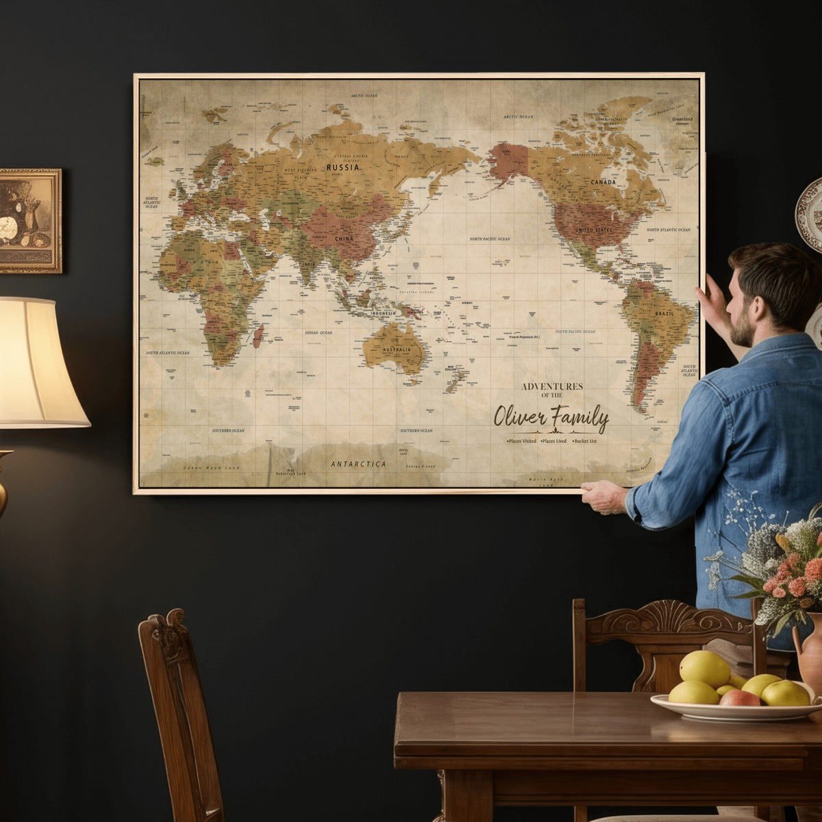 19347393-MGV-CV-36X24 - Personalized Framed Navy Modern World Map Canvas with Push Pins, Bucket List Map, Living Room and Entryway Decor