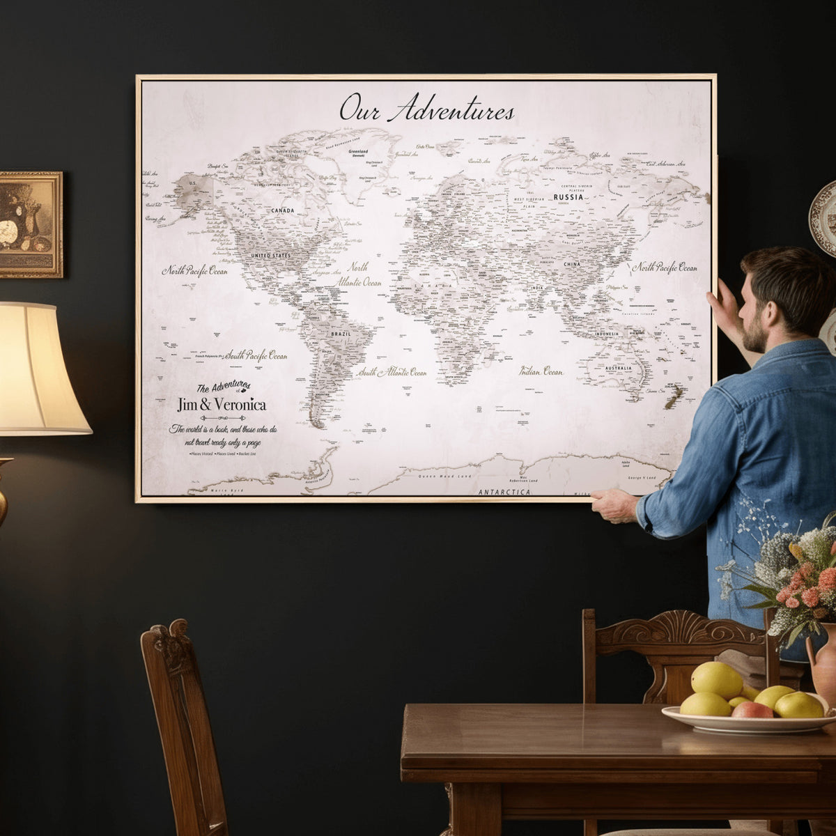 62392749-MGV-CV-36X24 - Personalized Beige Vintage World Travel Map Wall Art with Pins, Honeymoon and Anniversary Gift, Entryway and Hallway Decor