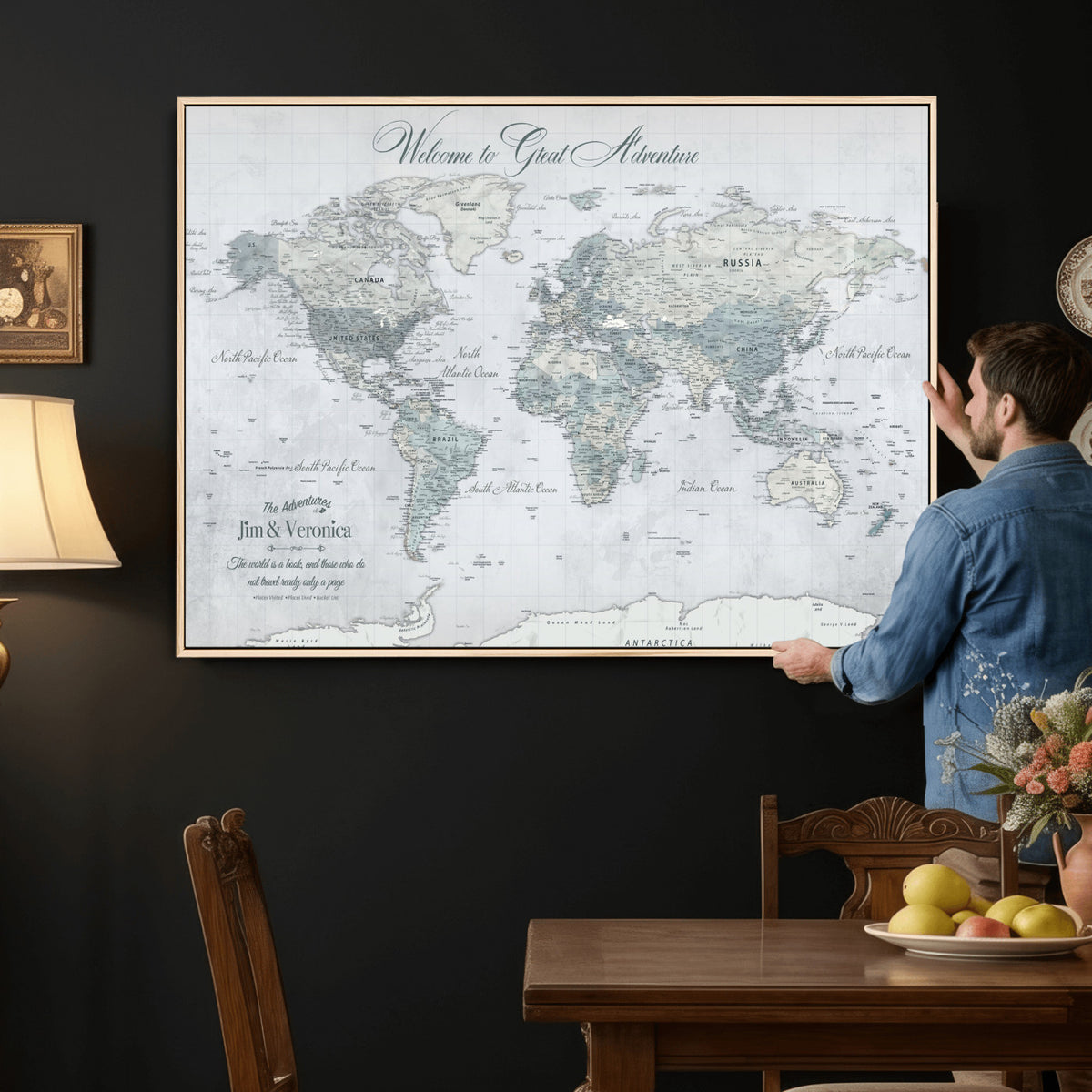 55391088-MGV-CV-36X24 - Personalized Beige Antique Push Pin World Map Canvas Print, Family Travel Tracker, Family Room and Entryway Decor