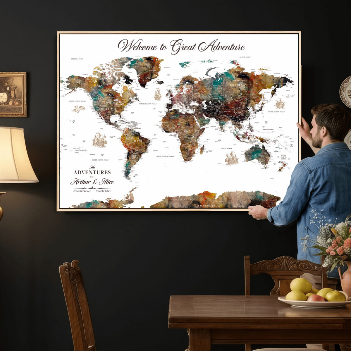 20271103-MGV-CV-36X24 - Custom Framed Beige Modern Push Pin World Map Wall Art, Couples Countries Visited Map, Study and Entryway Decor