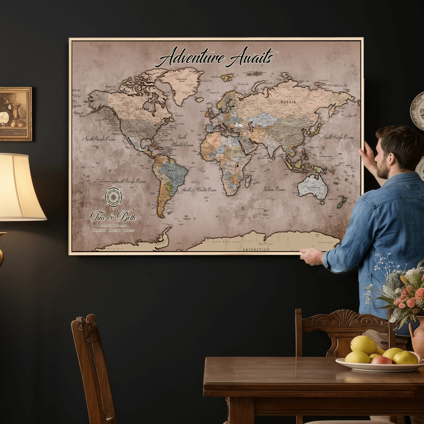 30508877-MGV-CV-36X24 - Custom Push Pin World Map Wall Art Canvas Print – Personalized Travel Tracker with Pins Framed Large for Home and Office Decor