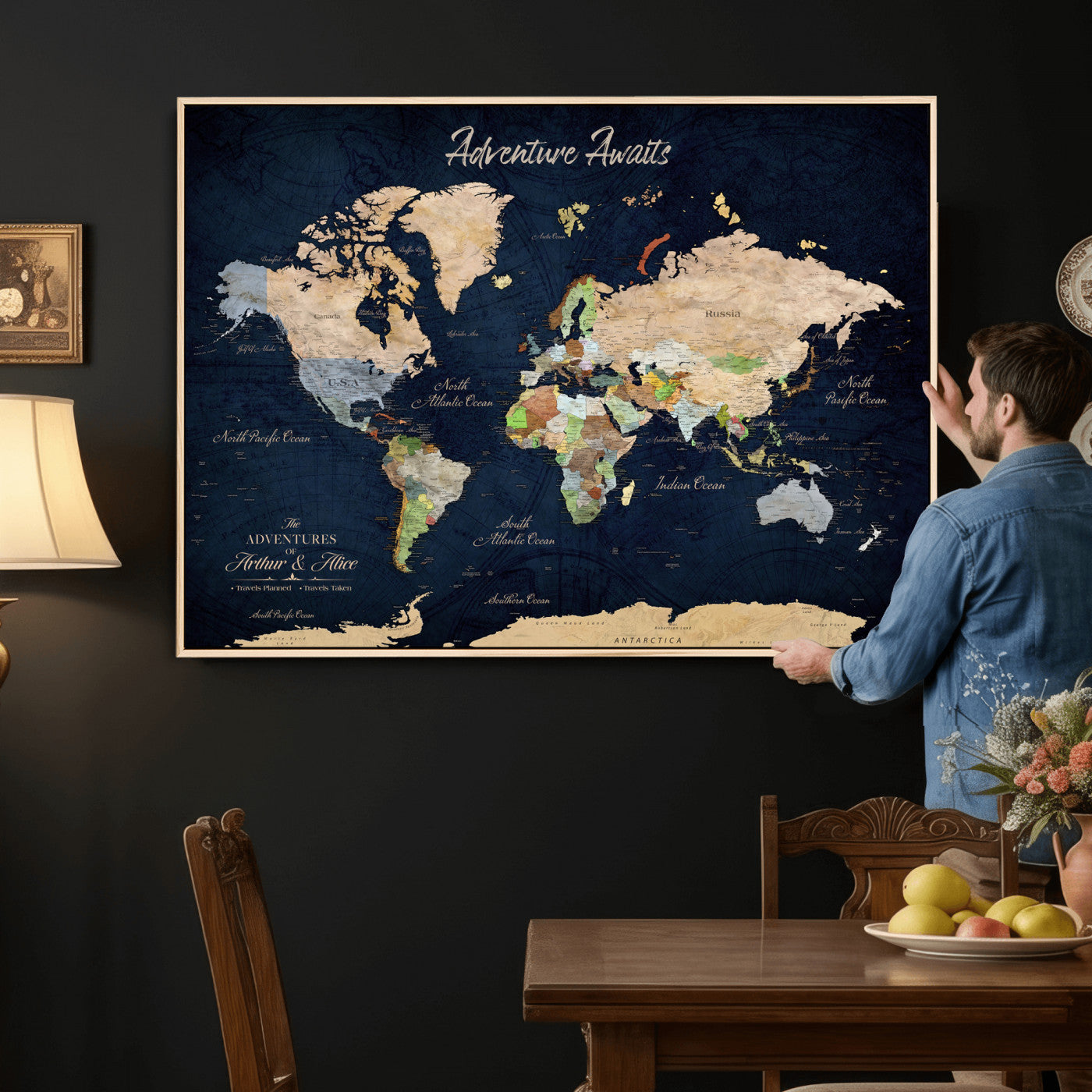 39120422-MGV-CV-36X24 - Custom Push Pin World Map Wall Art Canvas Print – Personalized Travel Tracker with Pins Framed Large for Home and Office Decor