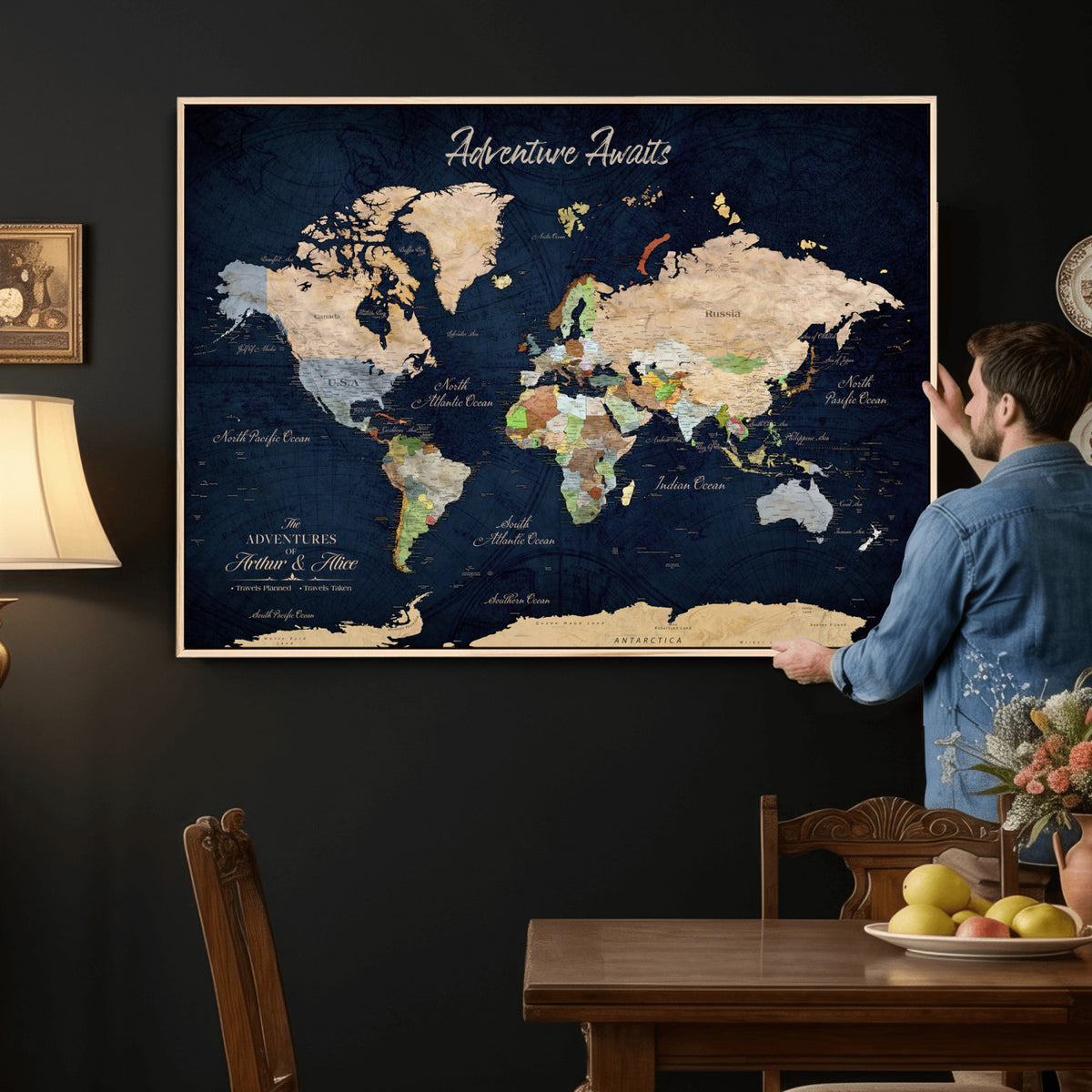 39120422-MGV-CV-36X24 - Personalized Beige Antique Push Pin Travel Map Canvas Print, Bucket List Map, Dining Room and Entryway Decor