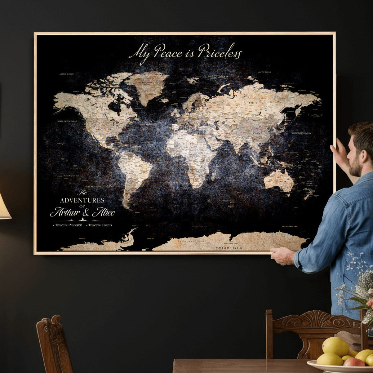 38689152-MGV-CV-36X24 - Custom Push Pin World Map Wall Art Canvas Print – Personalized Travel Tracker with Pins Framed Large for Home and Office Decor