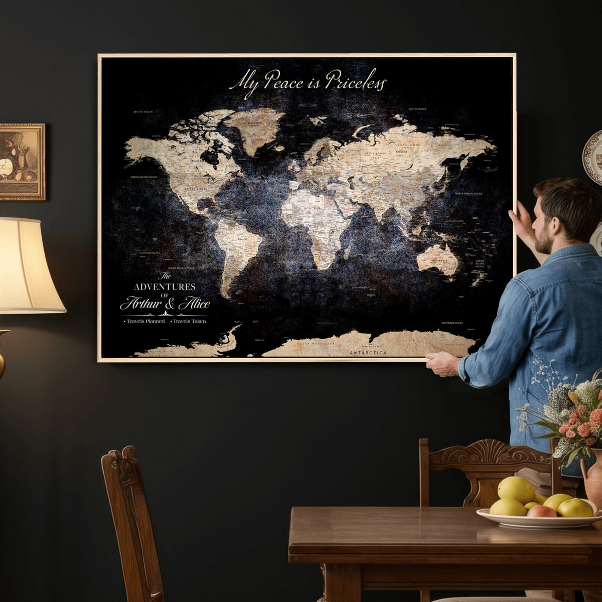 38689152-MGV-CV-36X24 - Personalized Beige World Map Canvas with Push Pins, Couples Countries Visited Map, Study and Hallway Decor