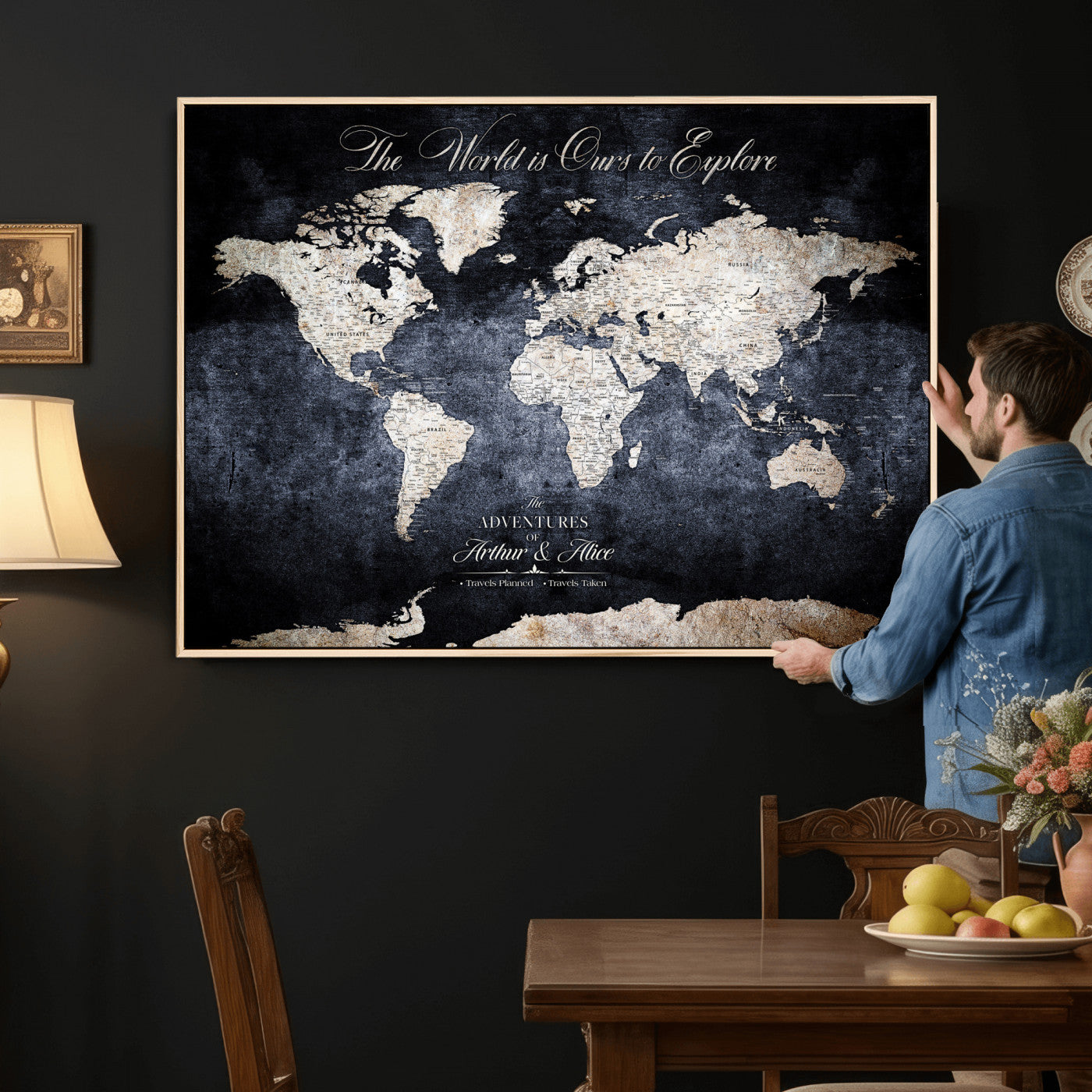 78489746-MGV-CV-36X24 - Custom Push Pin World Map Wall Art Canvas Print – Personalized Travel Tracker with Pins Framed Large for Home and Office Decor