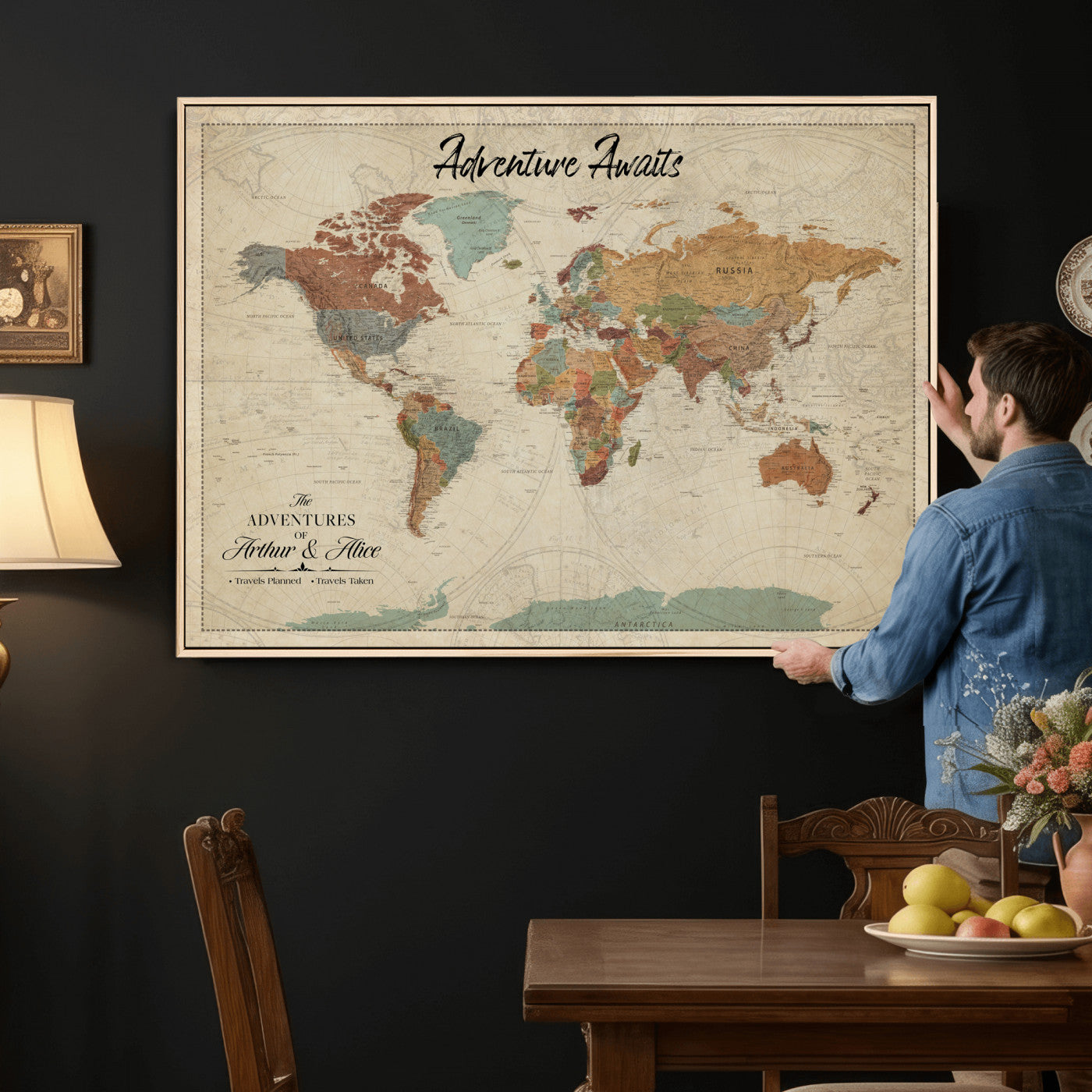 10741176-MGV-CV-36X24 - Custom Push Pin World Map Wall Art Canvas Print – Personalized Travel Tracker with Pins Framed Large for Home and Office Decor