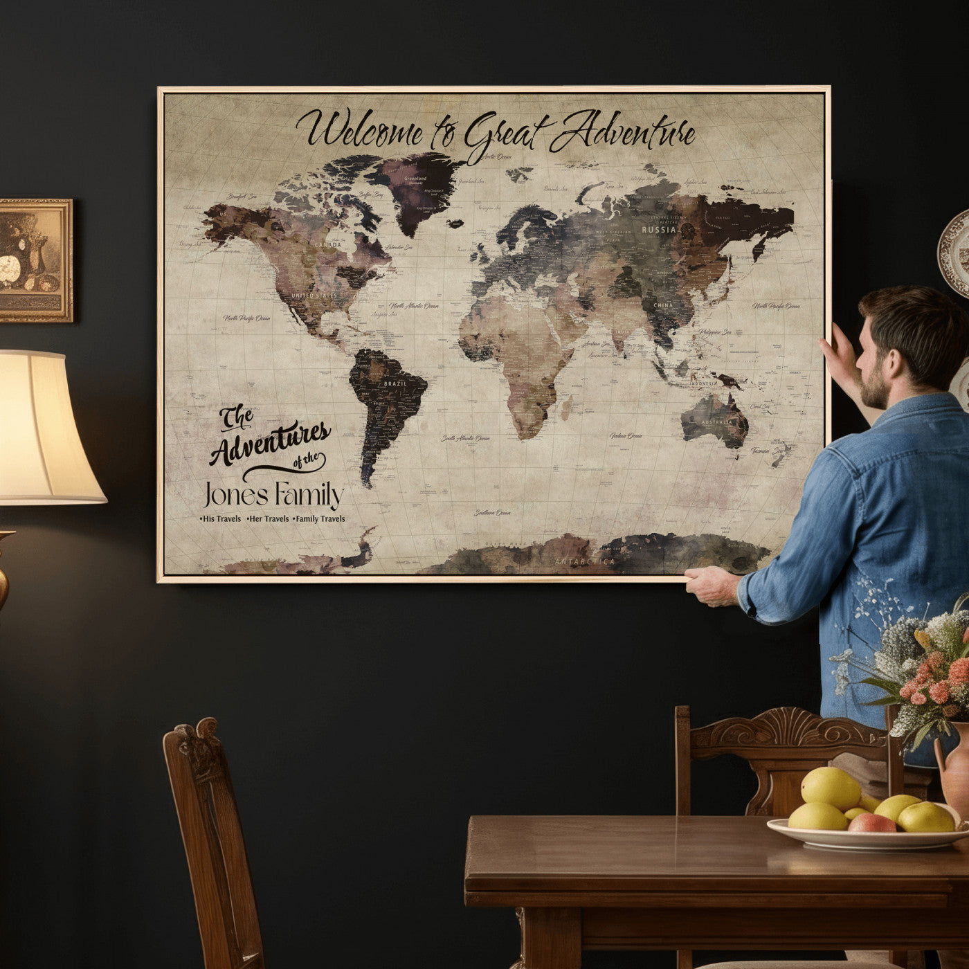 25688366-MGV-CV-36X24 - Custom Push Pin World Map Wall Art Canvas Print – Personalized Travel Tracker with Pins Framed Large for Home and Office Decor