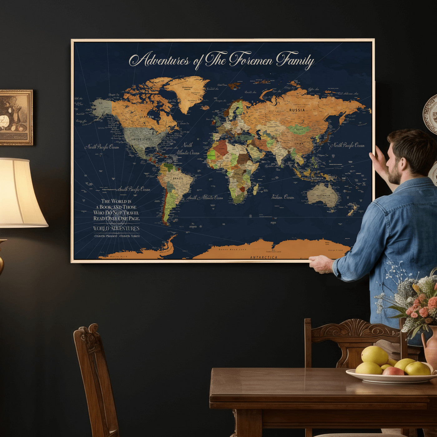 84352304-MGV-CV-36X24 - Custom Push Pin World Map Wall Art Canvas Print – Personalized Travel Tracker with Pins Framed Large for Home and Office Decor