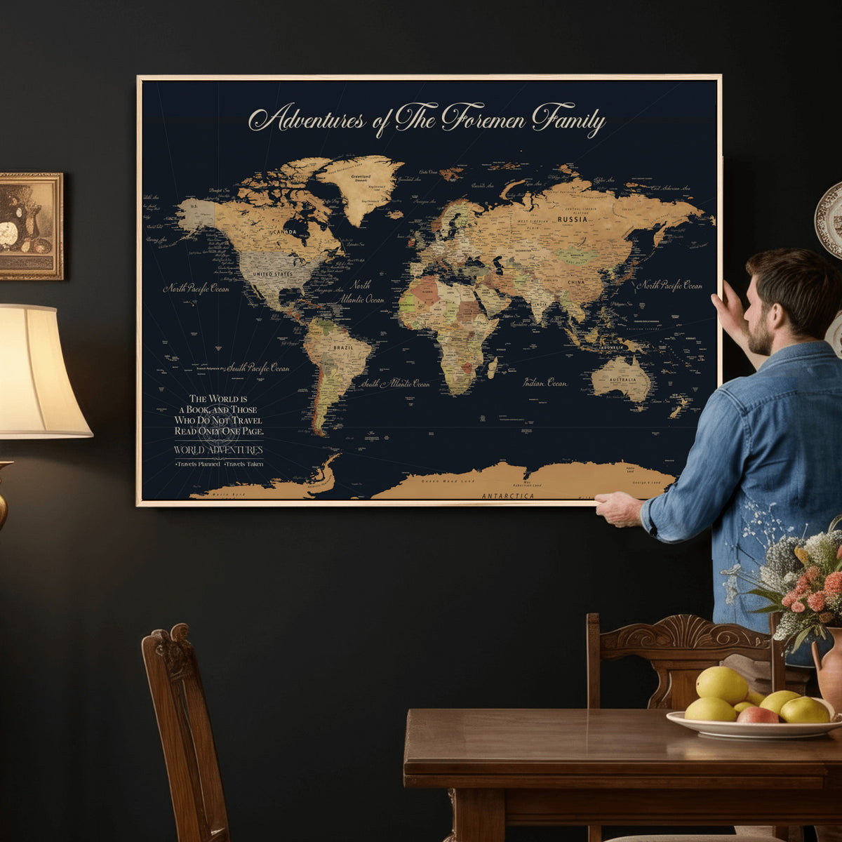 89403803-MGV-CV-36X24 - Personalized Beige Modern Family Adventure Push Pin World Map Canvas, Places Visited Tracker, Family Room and Home Office Decor