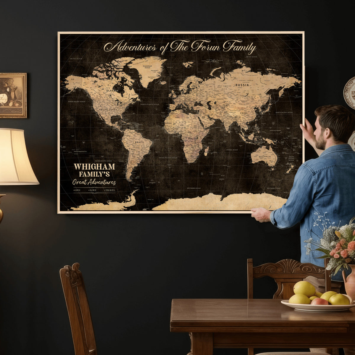 69635819-MGV-CV-36X24 - Custom Push Pin World Map Wall Art Canvas Print | Personalized Travel Tracker with Pins Framed Large for Home and Office Decor