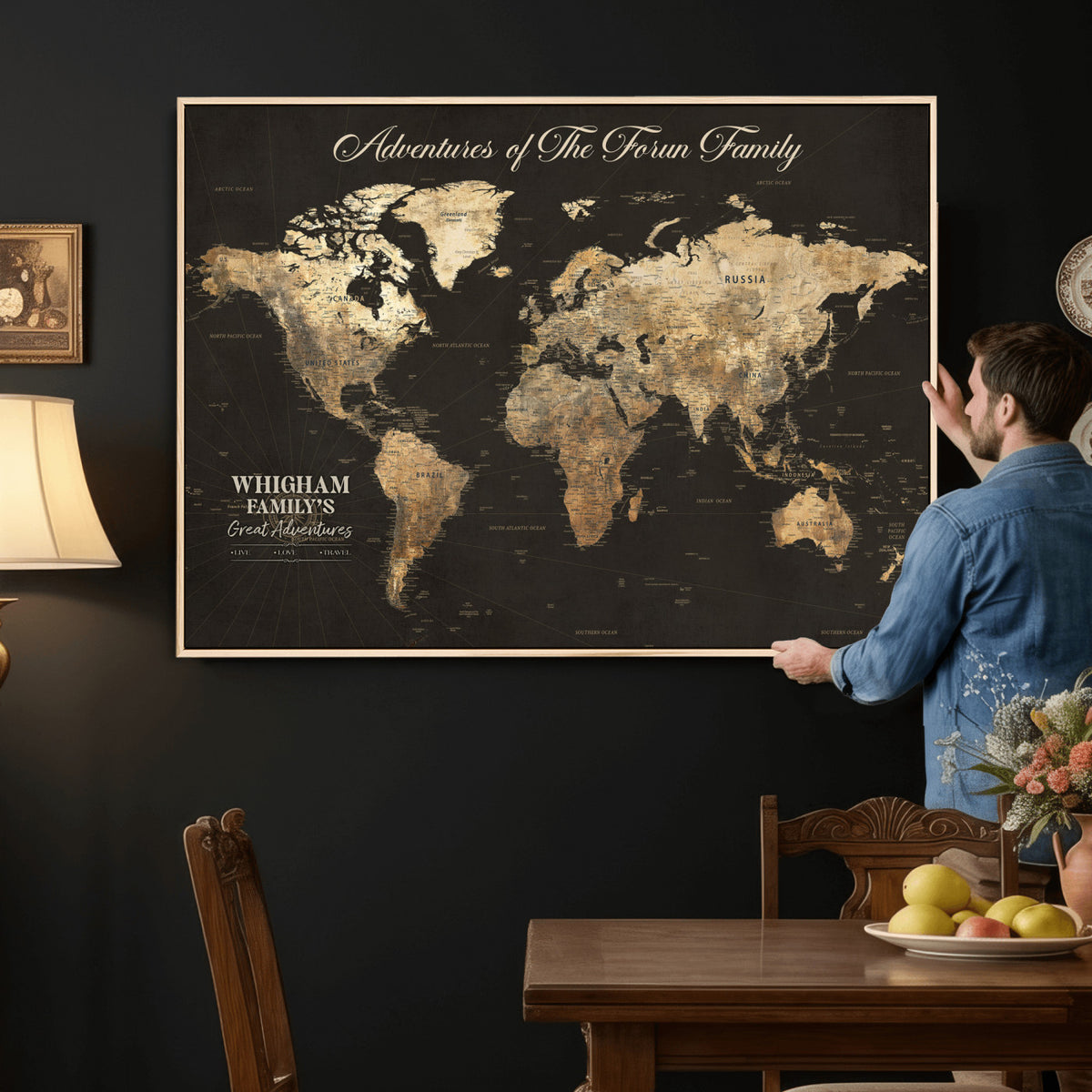 80238567-MGV-CV-36X24 - Custom Push Pin World Map Wall Art Canvas Print | Personalized Travel Tracker with Pins Framed Large for Home and Office Decor